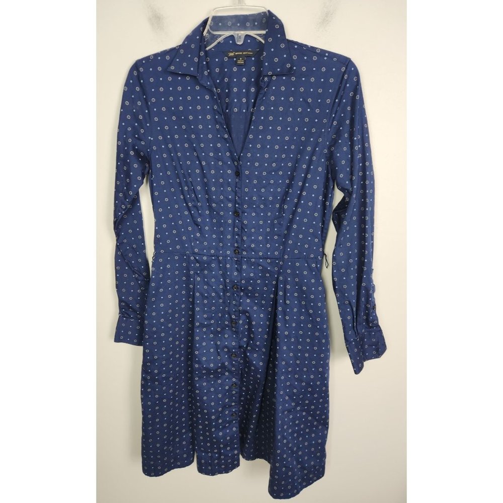 346 Brooks Brothers Women's Sz. 4 Long Sleeve Navy Print Button Up Shirt Dress